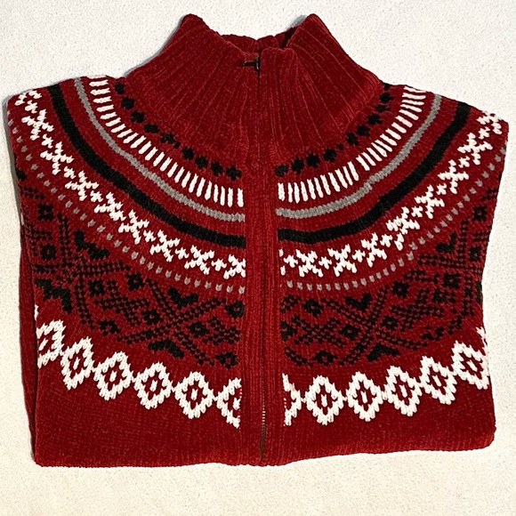 VINTAGE BLAIR FAIR ISLE CHENILLE ZIP MOCK NECK CARDIGAN SWEATER IN RED WINE. 2XL - Picture 10 of 10